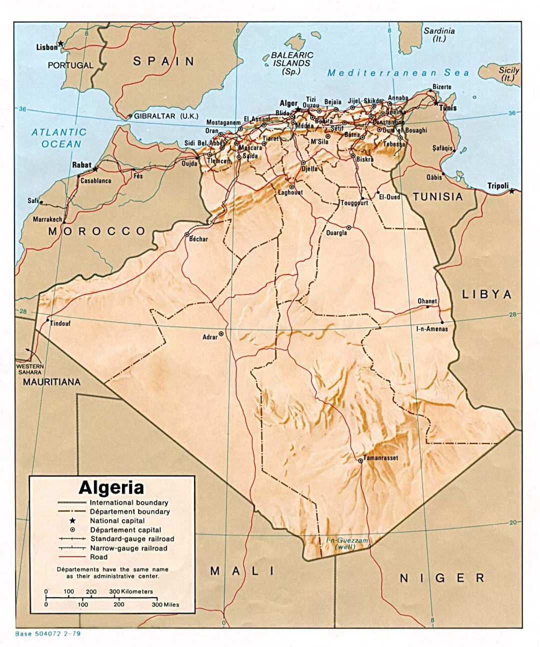 Detailed political and administrative map of Algeria with relief, roads, railroads and major cities - 1979
