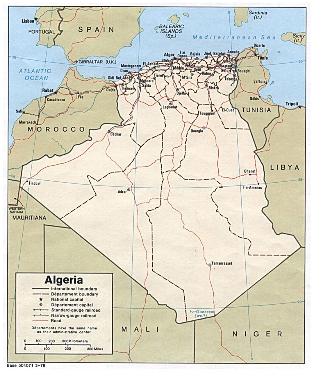 Detailed political and administrative map of Algeria with roads, railroads and major cities - 1979