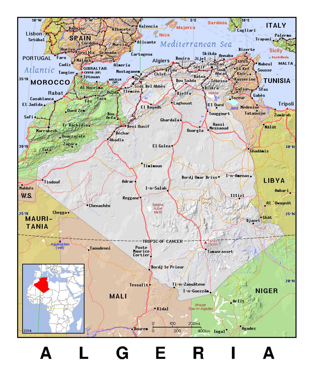 Detailed political map of Algeria with relief