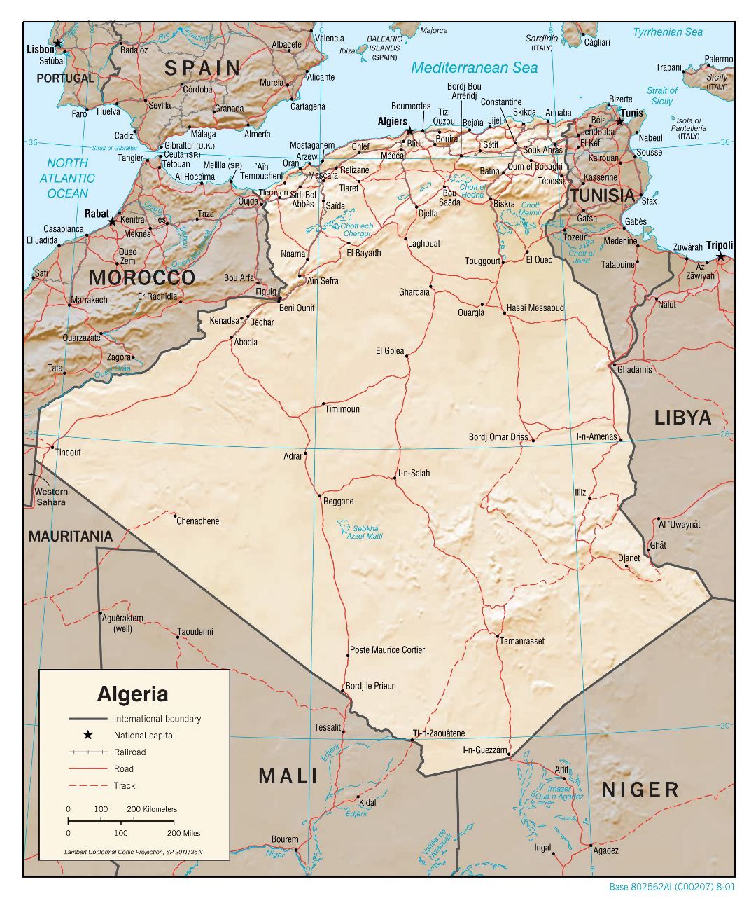 Large detailed political map of Algeria with relief, roads, railroads and major cities - 2001