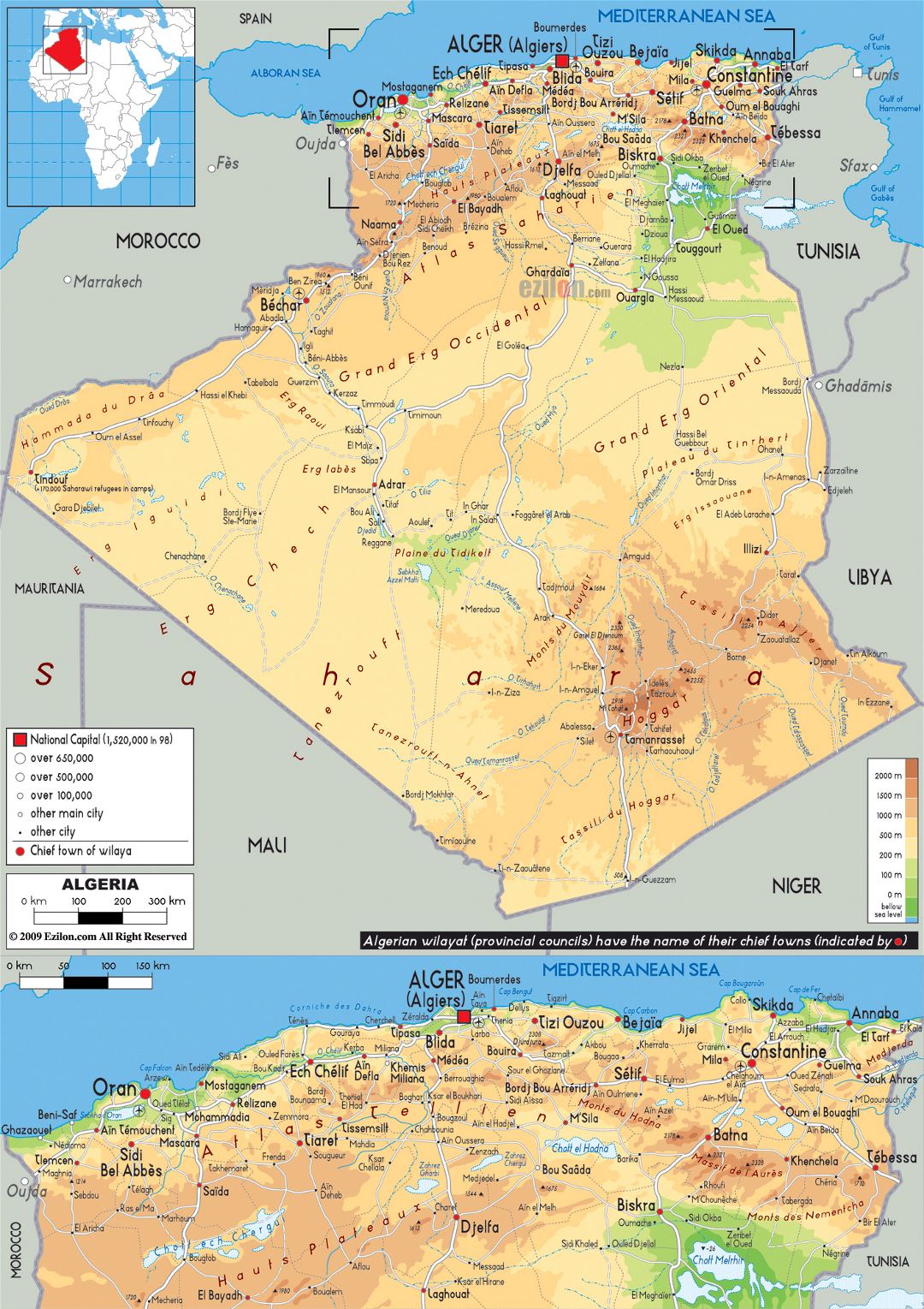 Large physical map of Algeria with roads, cities and airports