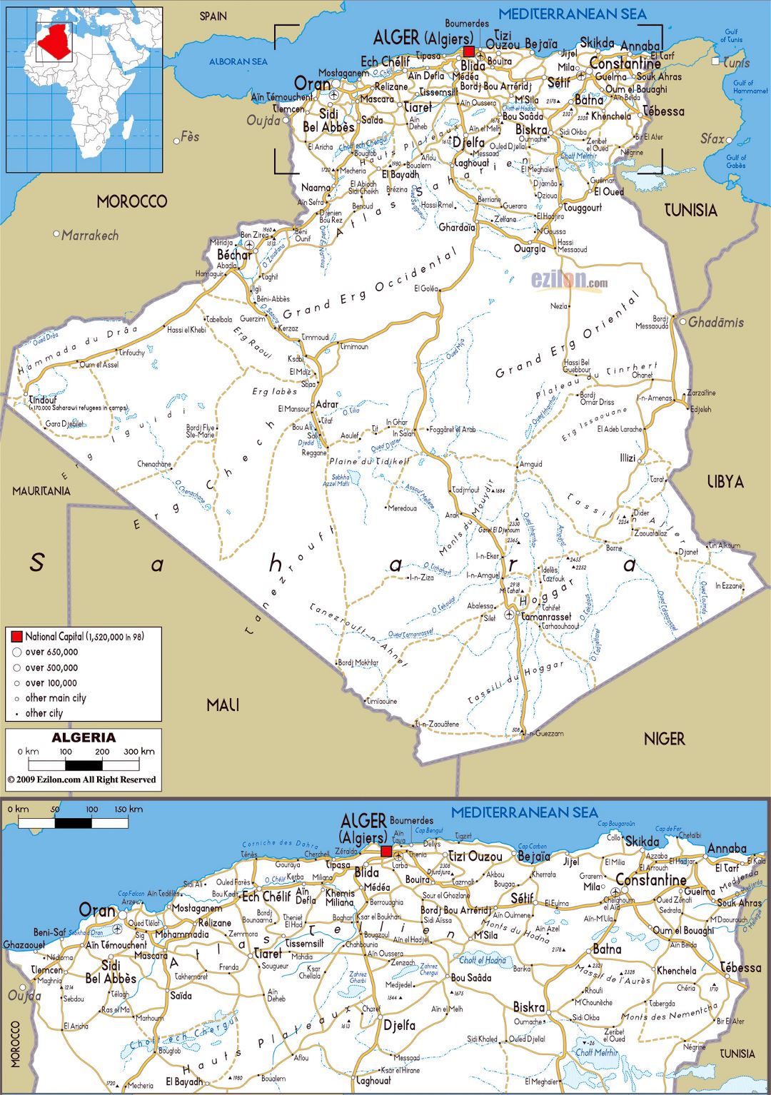 Large road map of Algeria with cities and airports