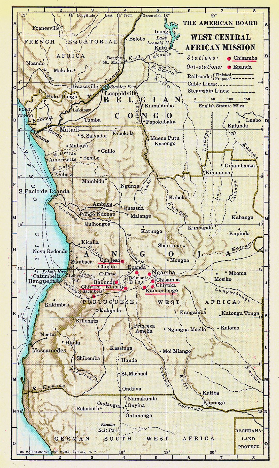 Detailed old map of Angola with relief, railroads and cities