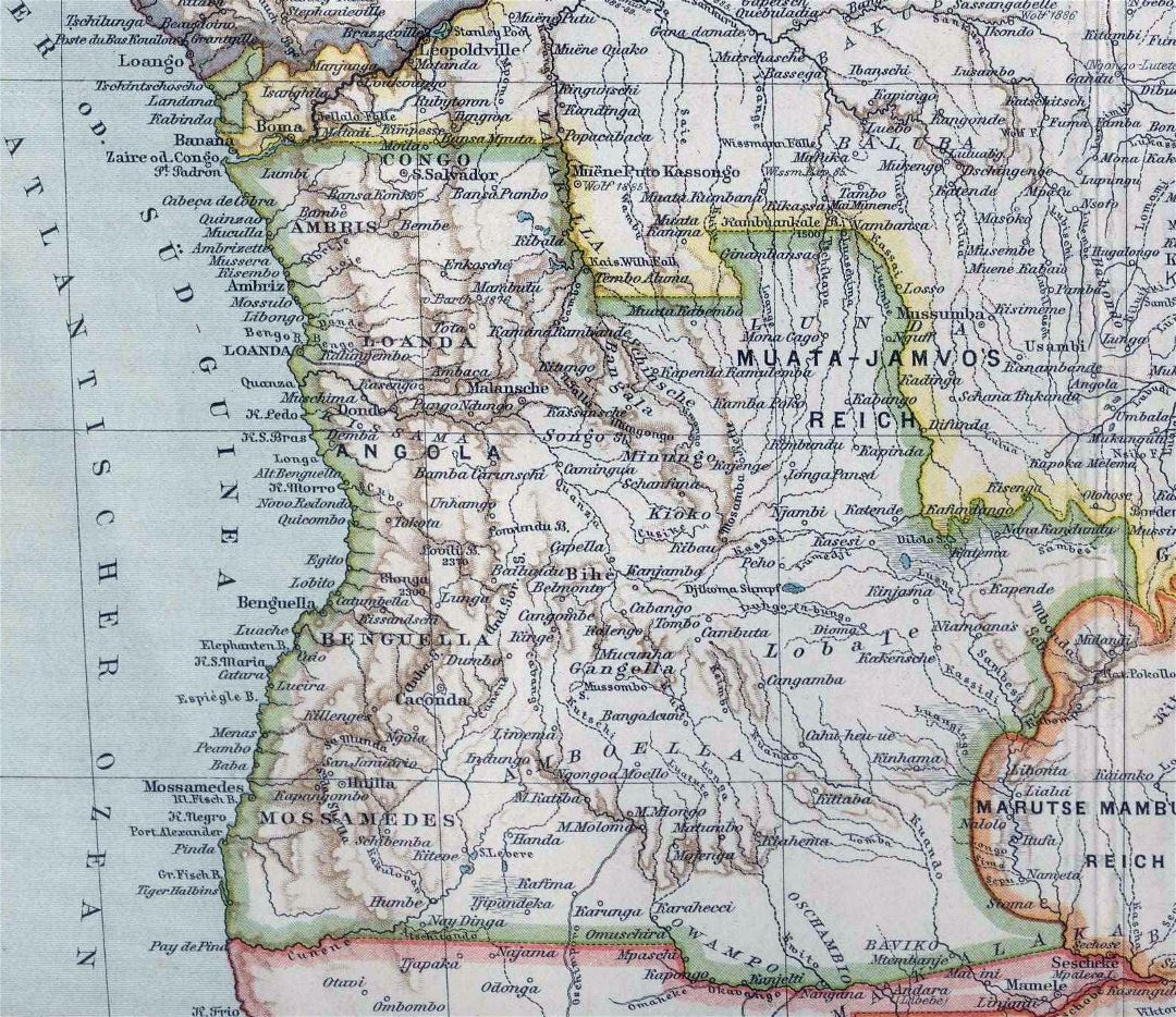 Large old map of Angola with relief - 1900