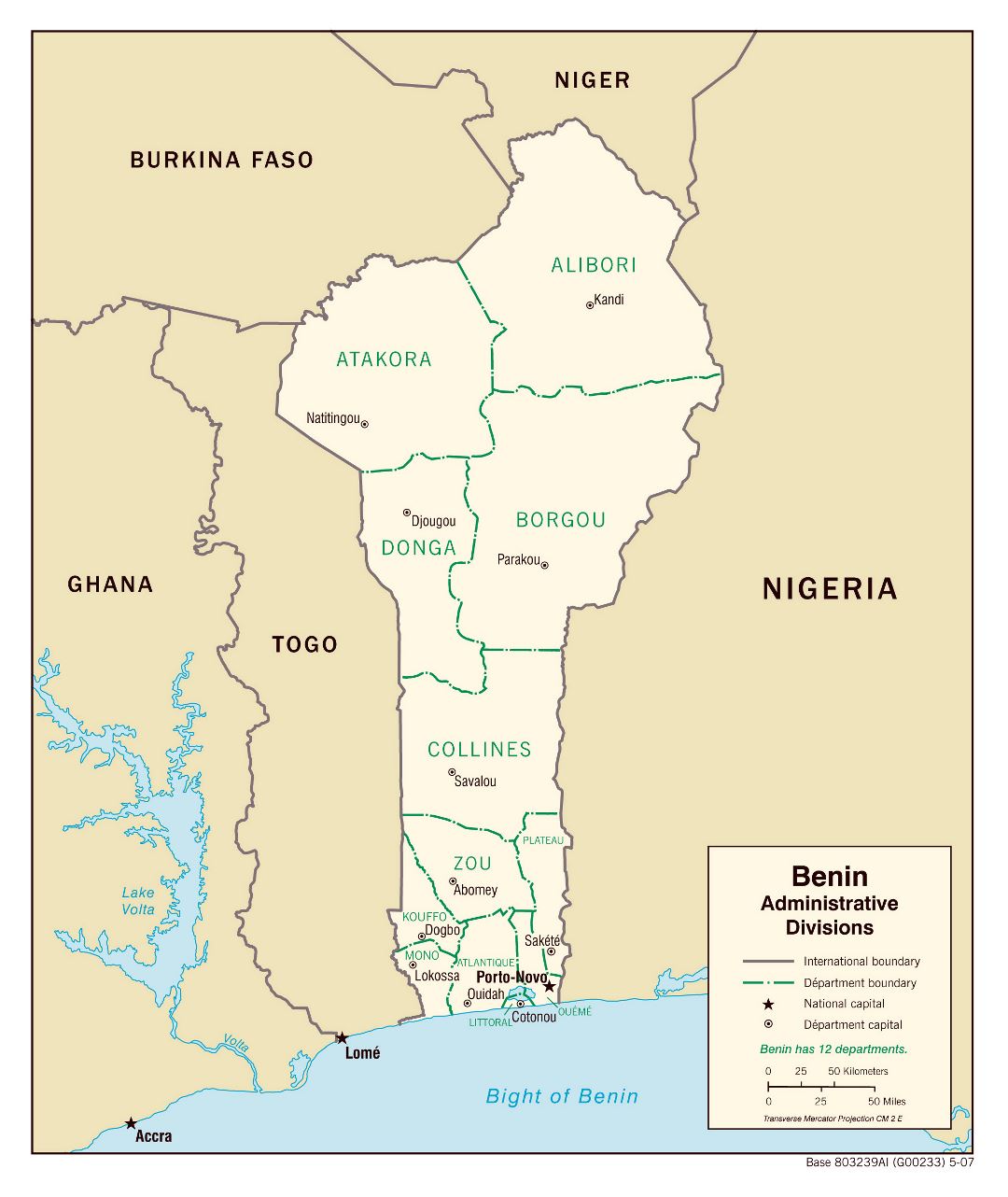 Large detailed administrative divisions map of Benin - 2007