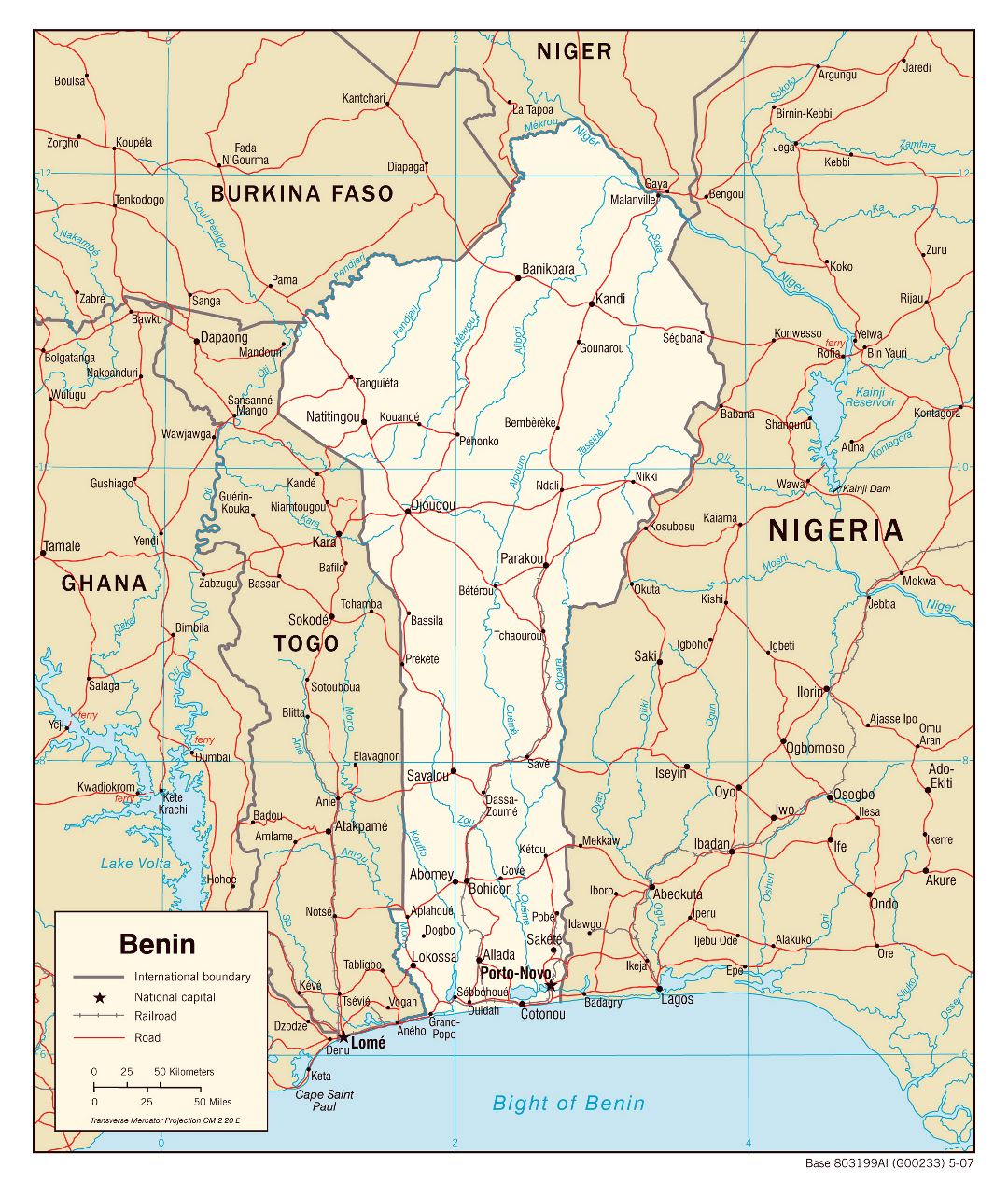 Large detailed political map of Benin with roads, railroads and cities - 2007