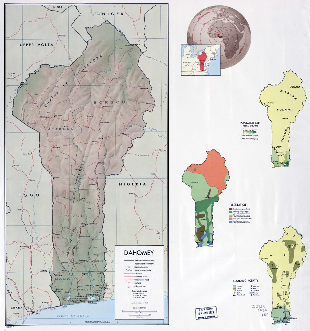Large scale country profile map of Benin - 1970