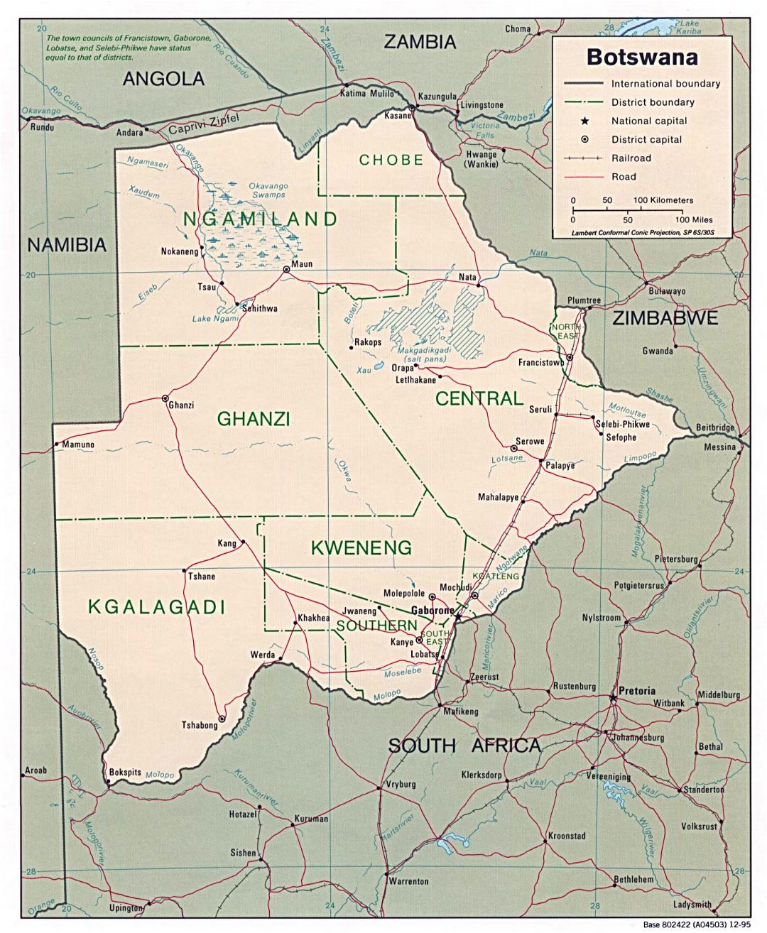 Large political and administrative map of Botswana with roads and major cities - 1995