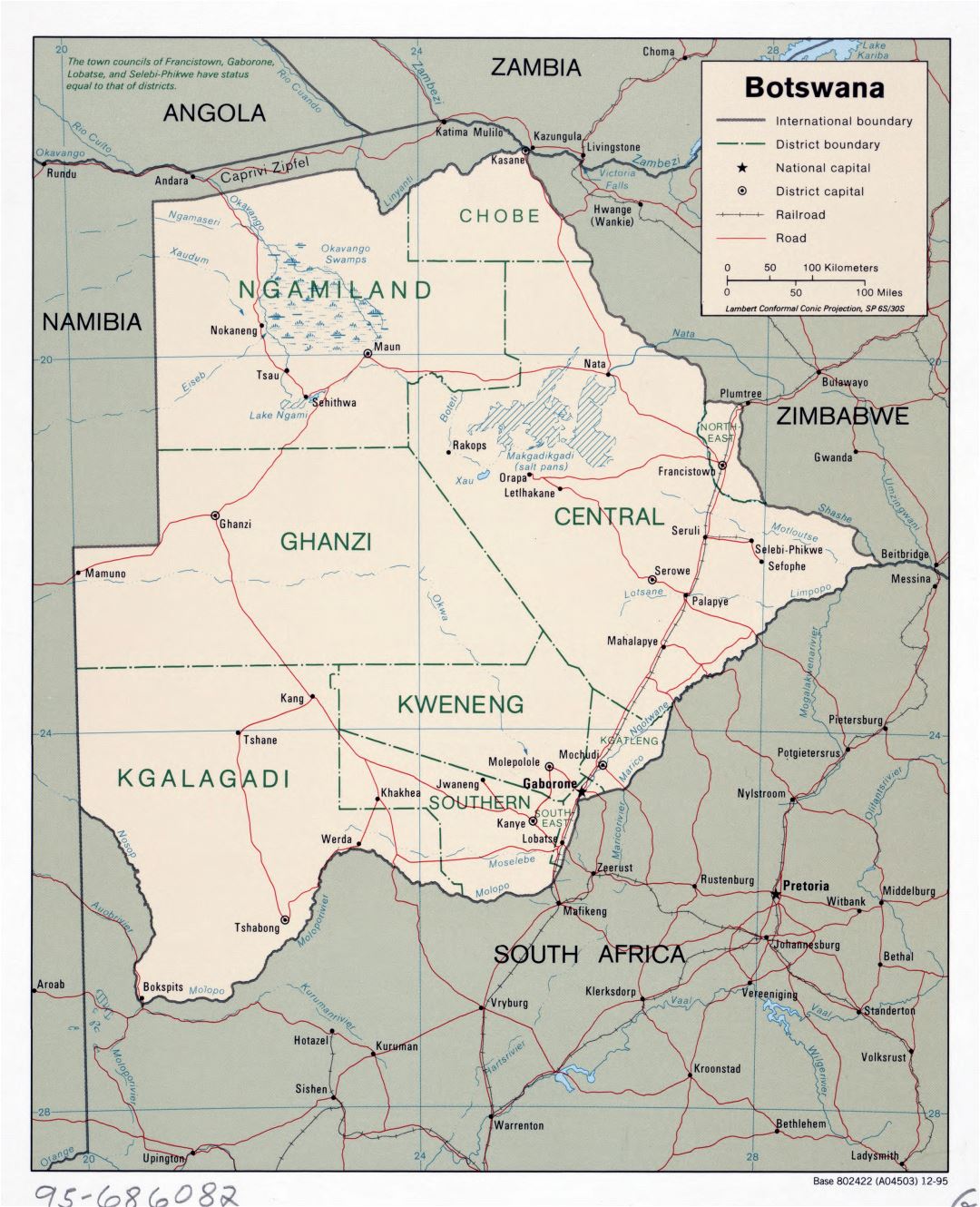 Large scale political and administrative map of Botswana with roads, railroads and major cities - 1995