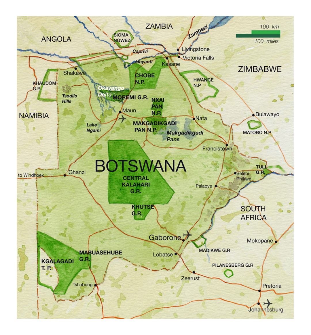 National parks map of Botswana with roads, major cities and airports