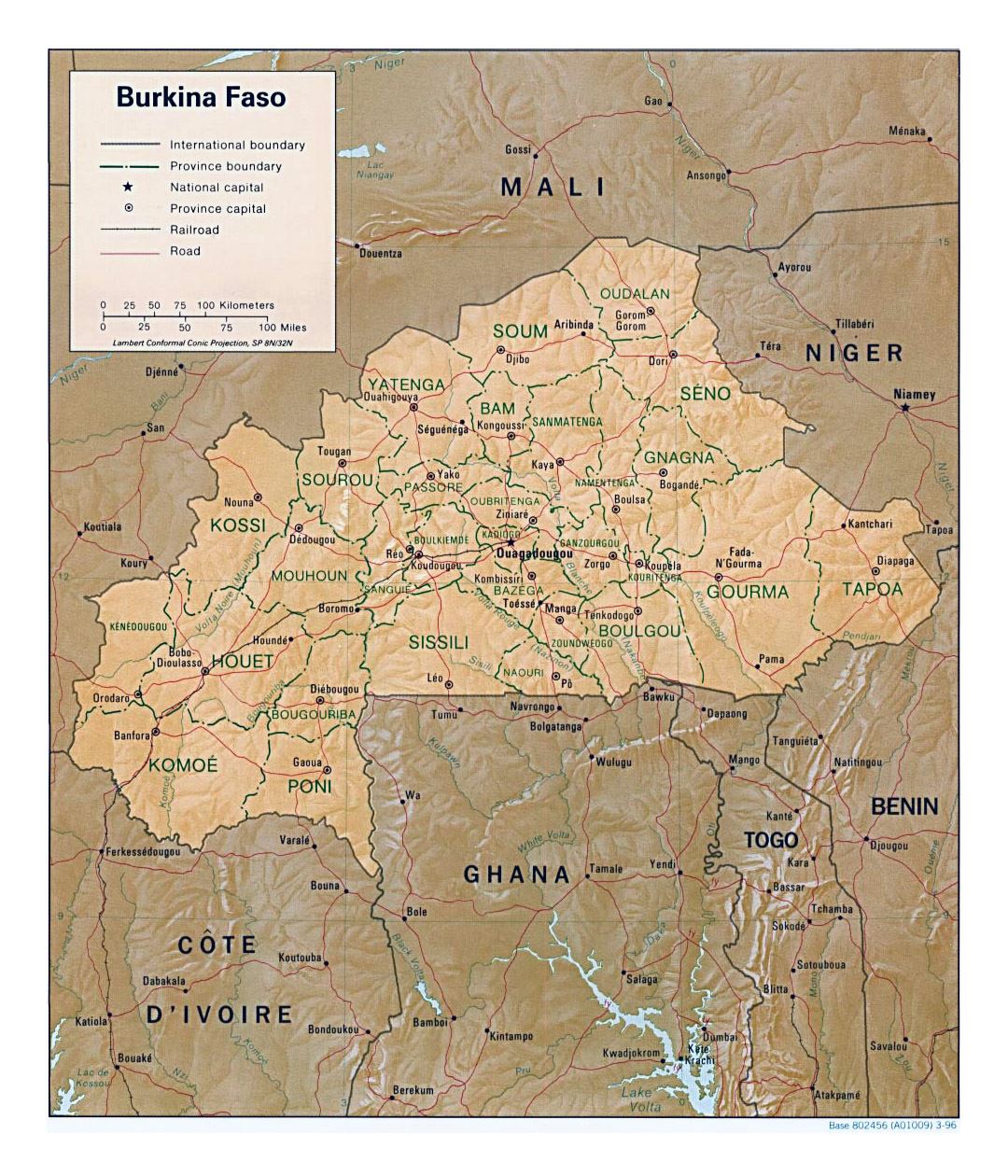 Detailed political and administrative map of Burkina Faso with relief, roads, railroads and major cities - 1996