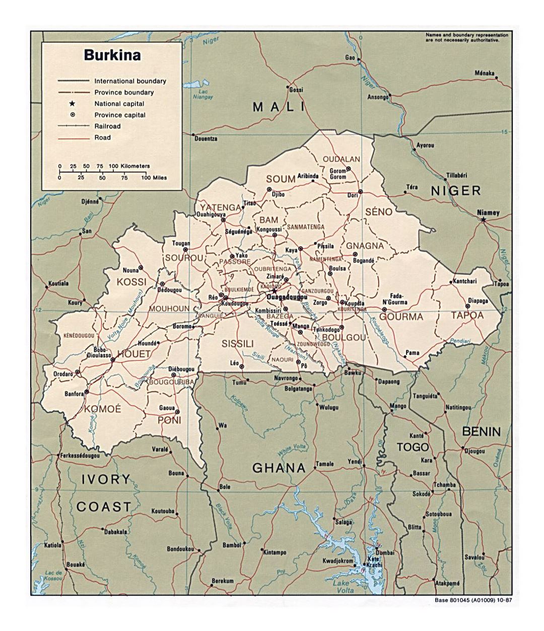 Detailed political and administrative map of Burkina Faso with roads, railroads and major cities - 1987