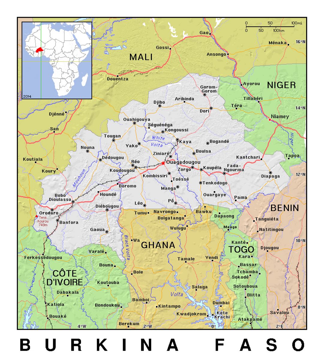 Detailed political map of Burkina Faso with relief