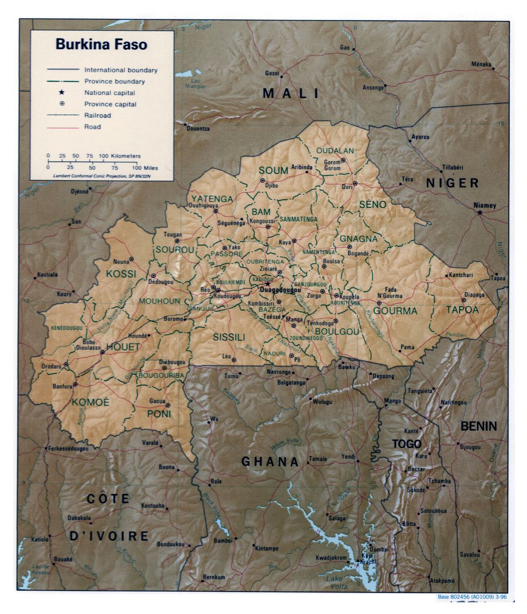 Large detailed political and administrative map of Burkina Faso with relief, roads, railroads and major cities - 1996