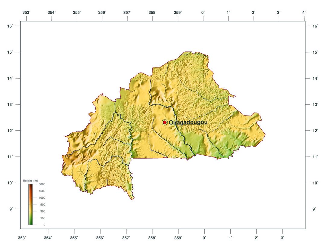 Large elevation map of Burkina Faso