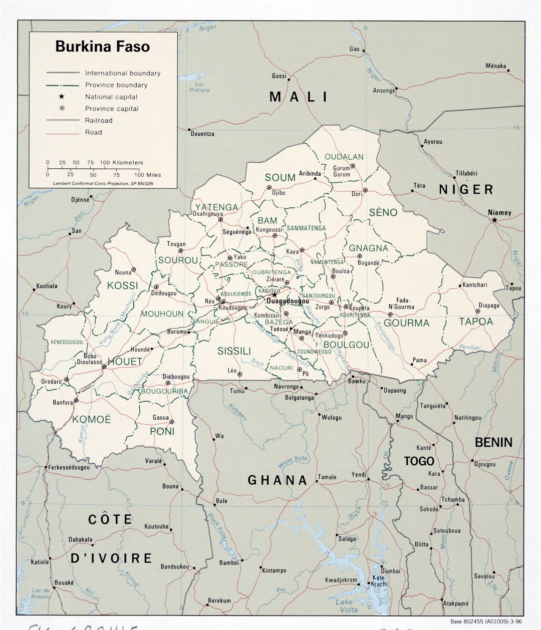Large scale political and administrative map of Burkina Faso with roads, railroads and major cities - 1996