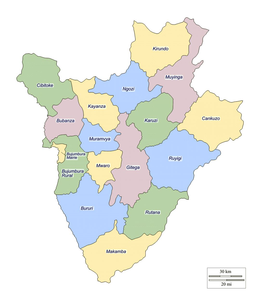 Detailed administrative divisions map of Burundi