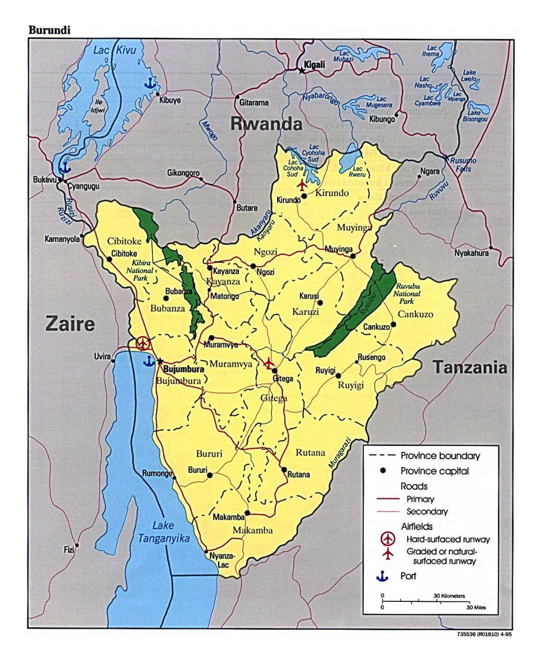 Detailed map of Burundi with administrative divisions, roads, major cities, airports and ports - 1995