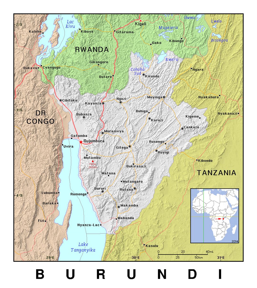 Detailed political map of Burundi with relief