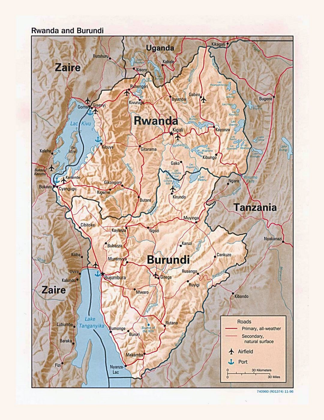 Detailed political map of Rwanda and Burundi with relief, roads, major cities, airports and ports - 1996