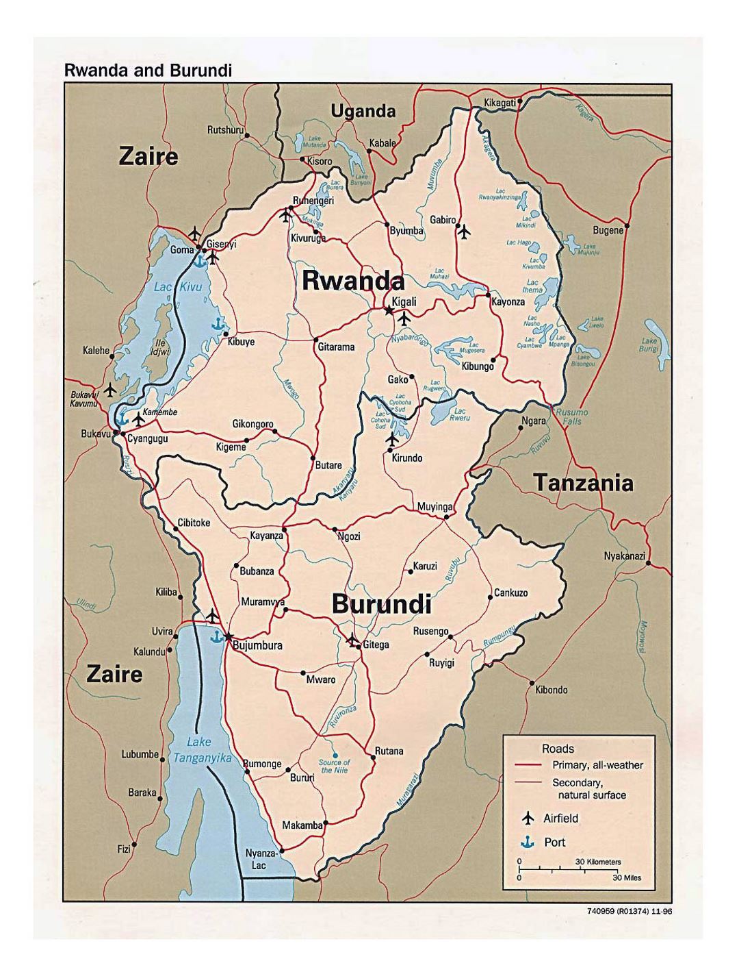 Detailed political map of Rwanda and Burundi with roads, major cities, airports and ports - 1996