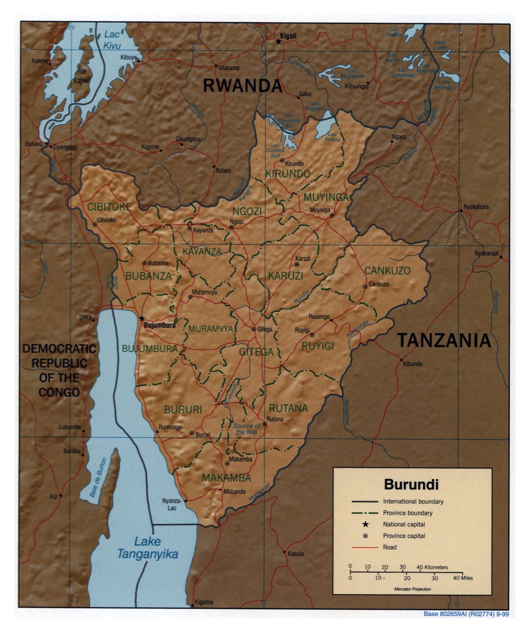Large detailed political and administrative map of Burundi with relief, roads and major cities - 1999