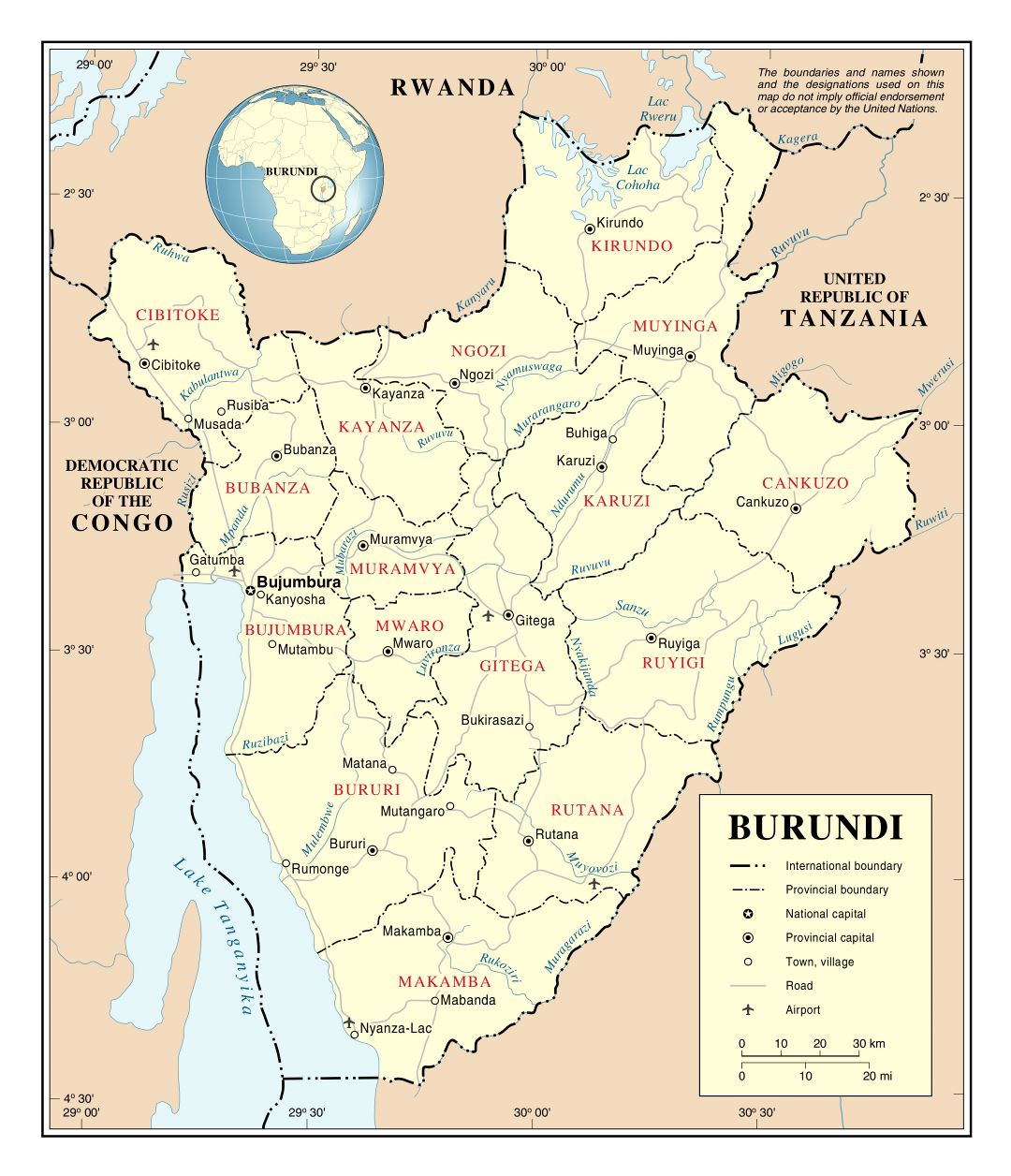 Large detailed political and administrative map of Burundi with roads, major cities and airports