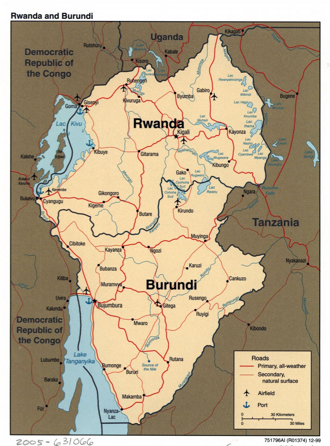 Large detailed political map of Rwanda and Burundi with roads, major cities, airports and ports - 1999