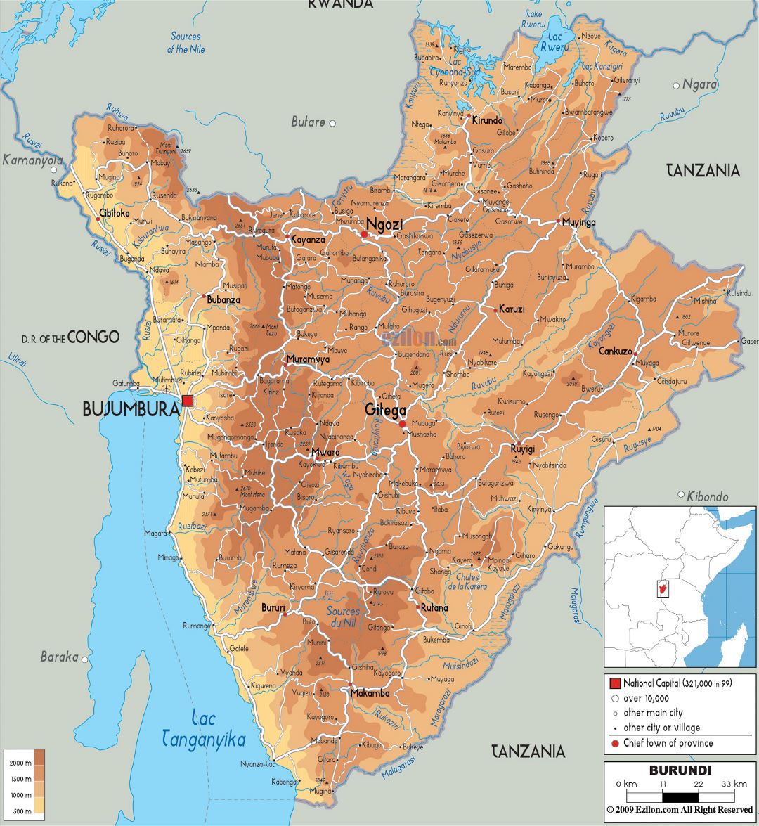 Large physical map of Burundi with roads, cities and airports
