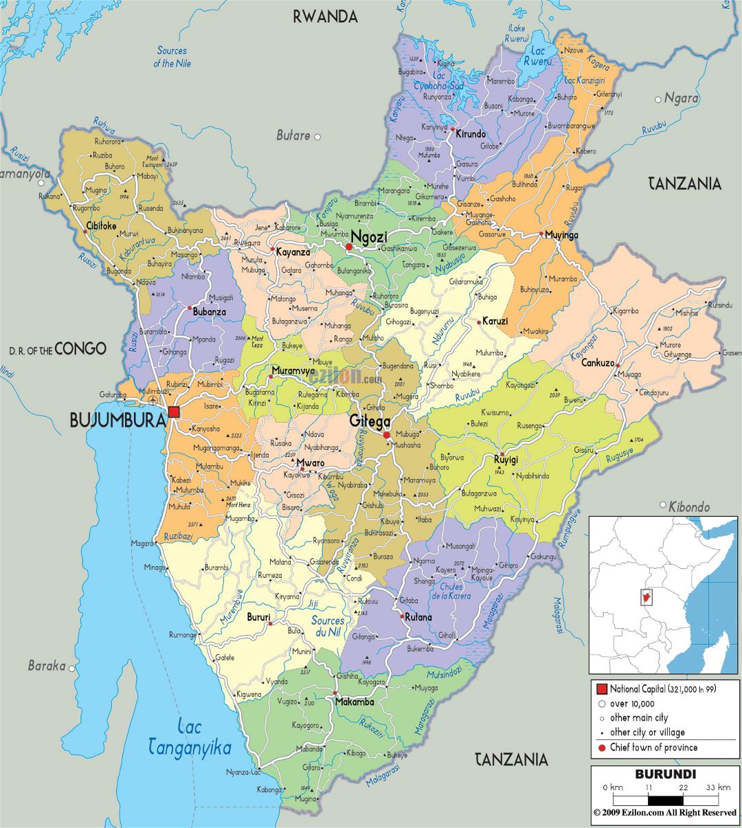 Large political and administrative map of Burundi with roads, cities and airports