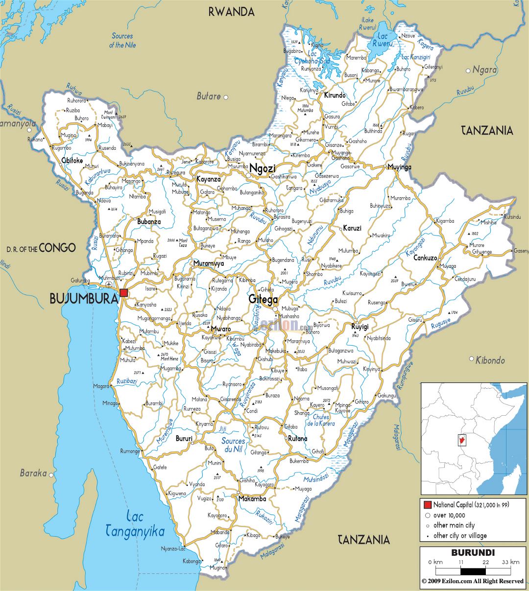 Large road map of Burundi with cities and airports