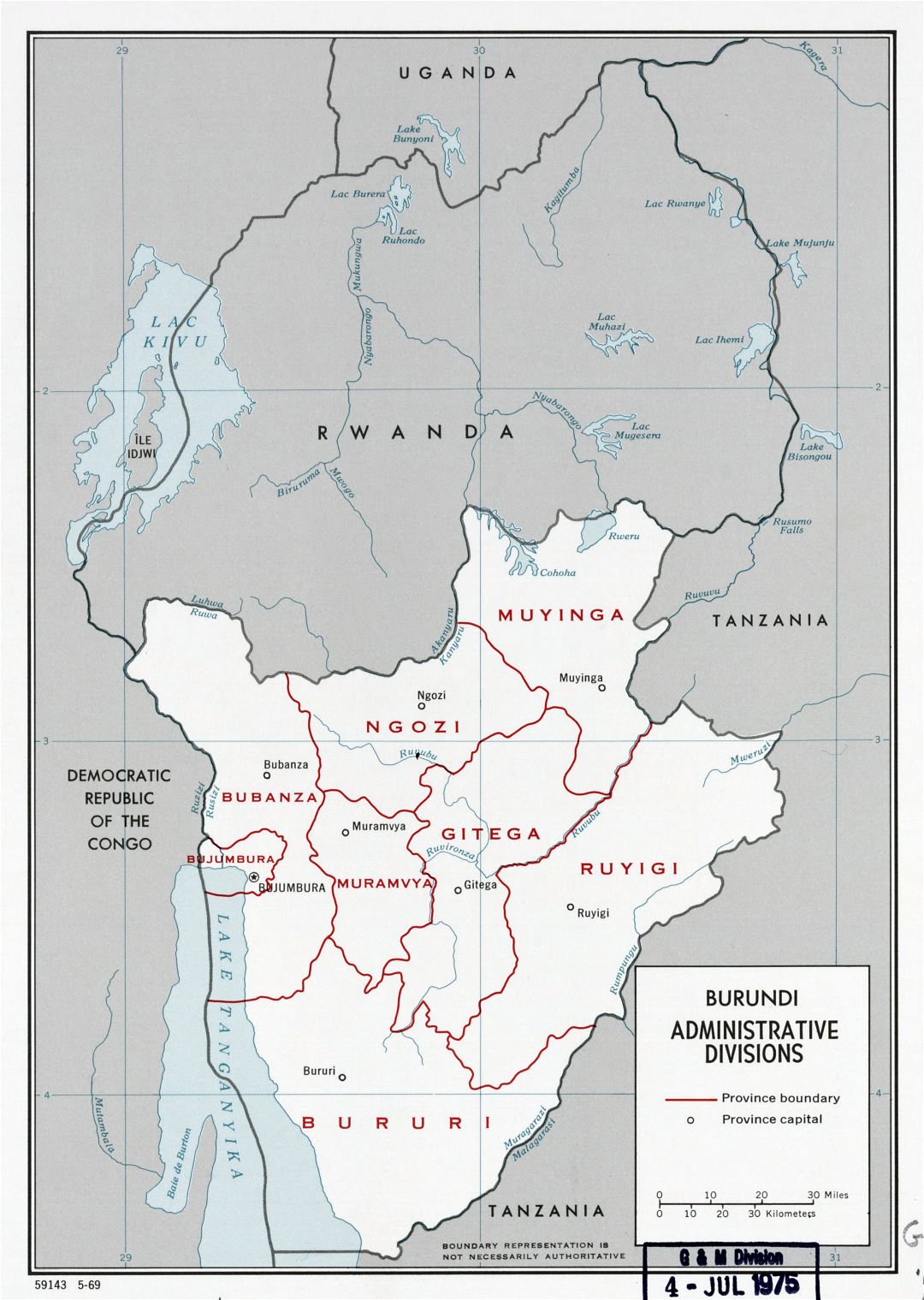 Large scale administrative divisions map of Burundi - 1969