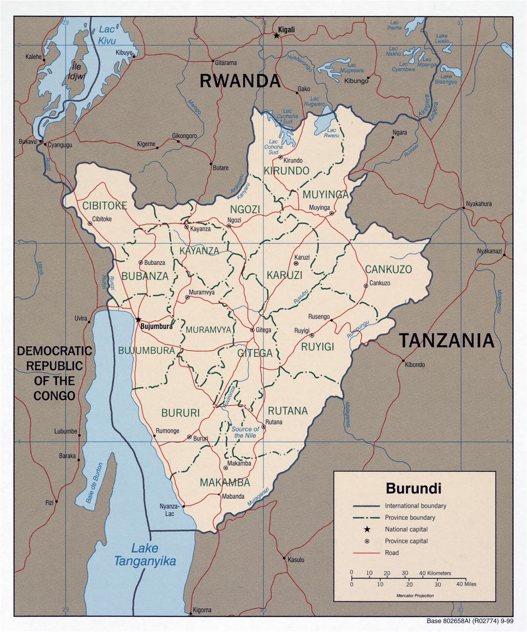 Large scale political and administrative map of Burundi with roads and major cities - 1999