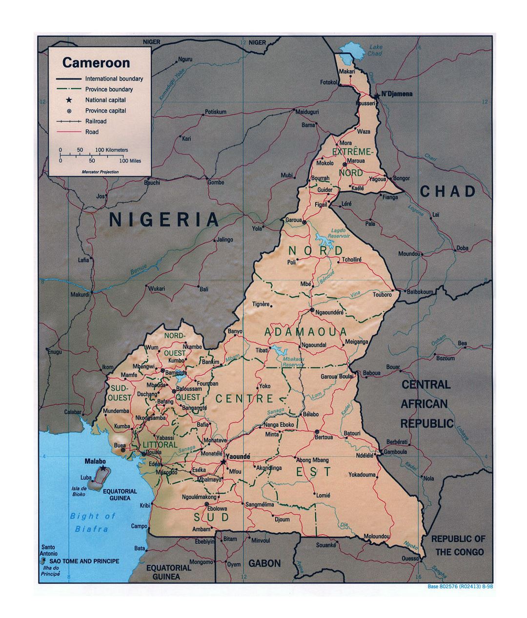 Detailed political and administrative map of Cameroon with relief, roads, railroads and major cities - 1998