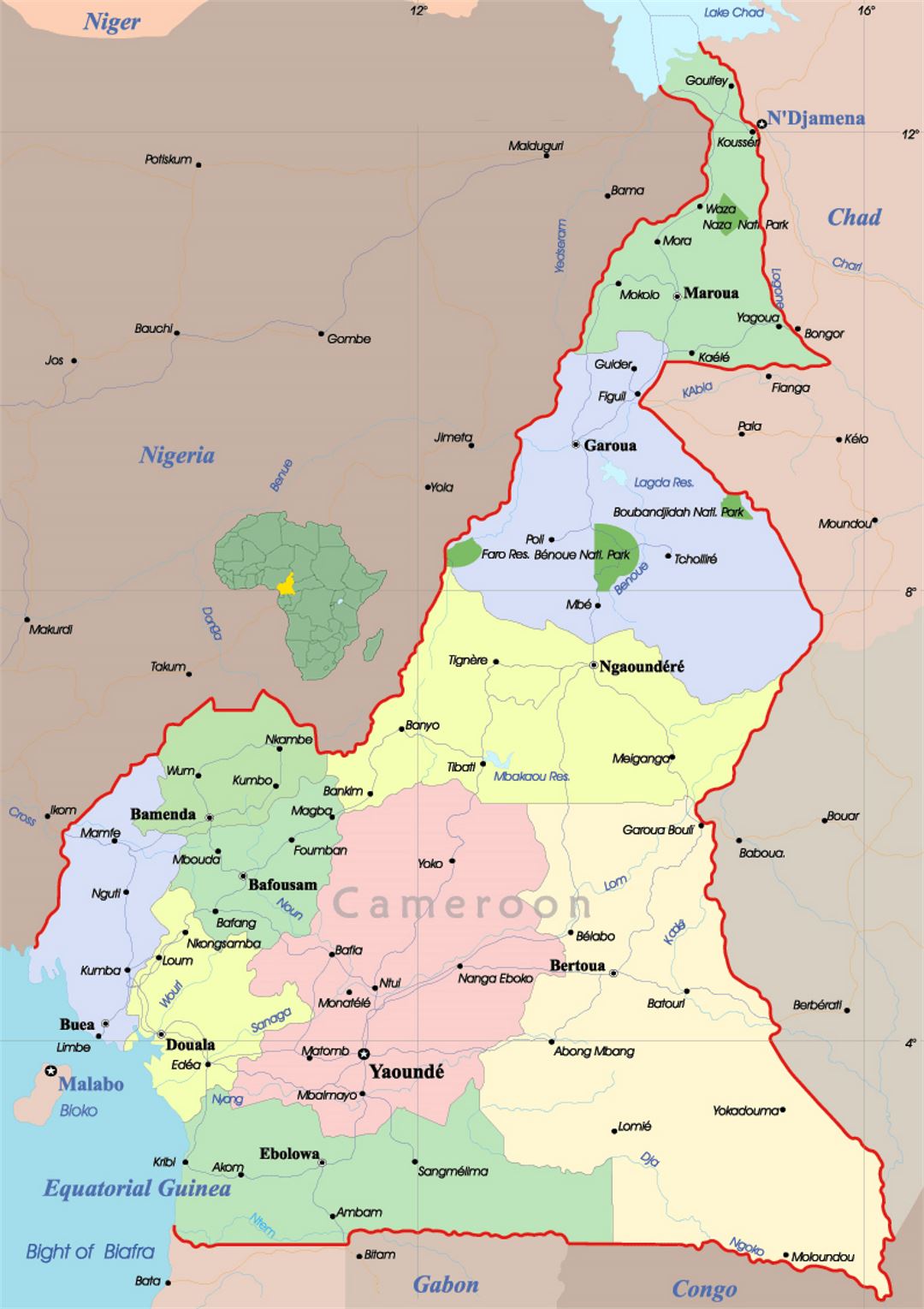 Detailed political and administrative map of Cameroon with roads and cities