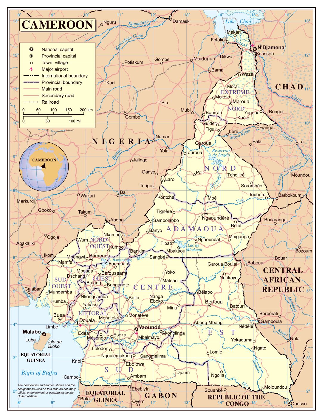 Large detailed political and administrative map of Cameroon with roads, cities and airports