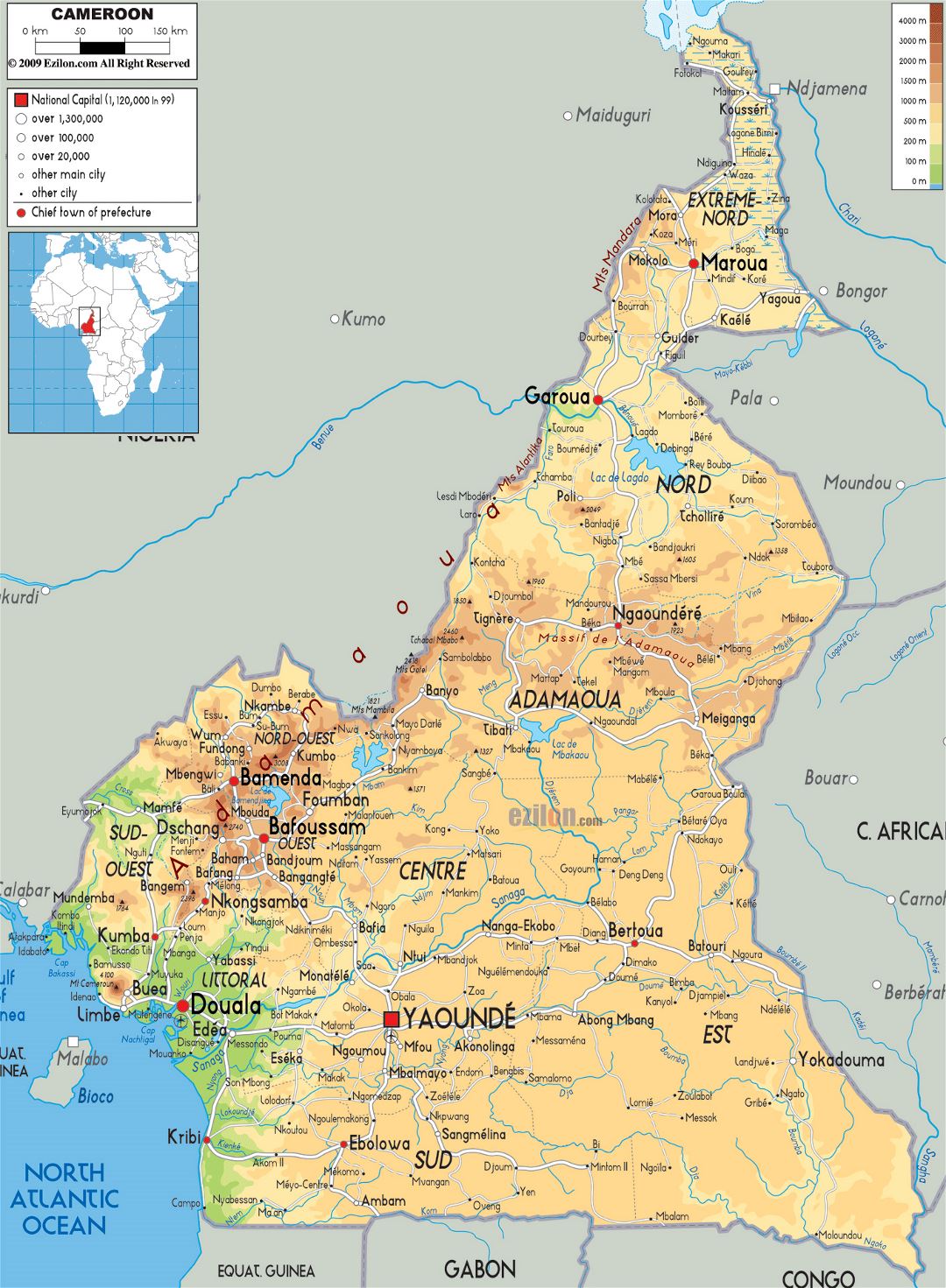 Large physical map of Cameroon with roads, cities and airports