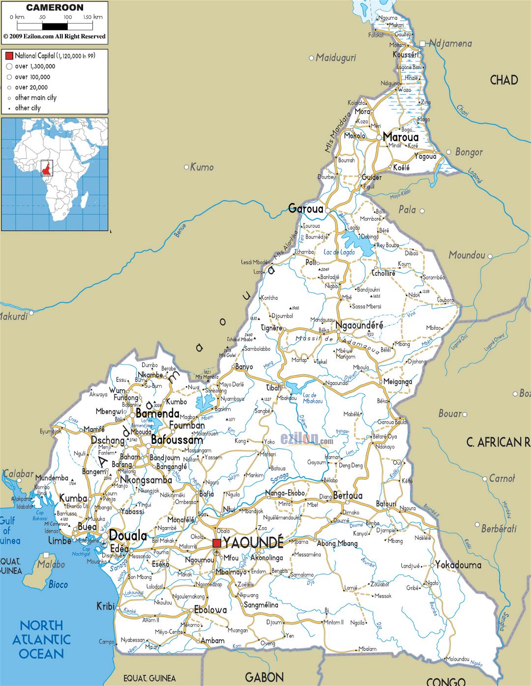 Large road map of Cameroon with cities and airports