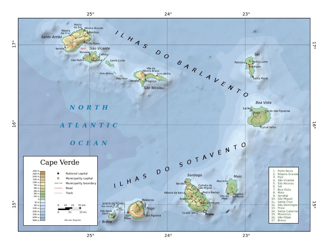 Large physical map of Cape Verde with administrative divisions, roads and cities