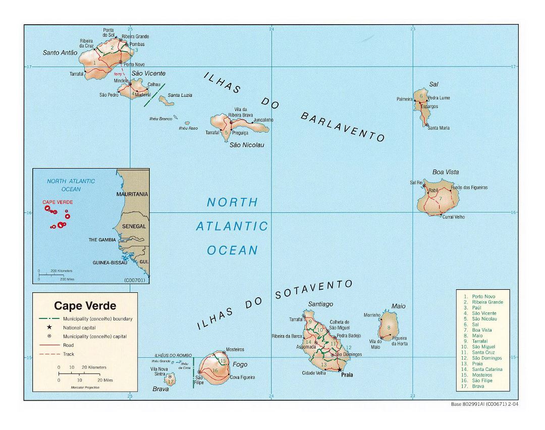 Large political and administrative map of Cape Verde with relief, roads and major cities - 2004