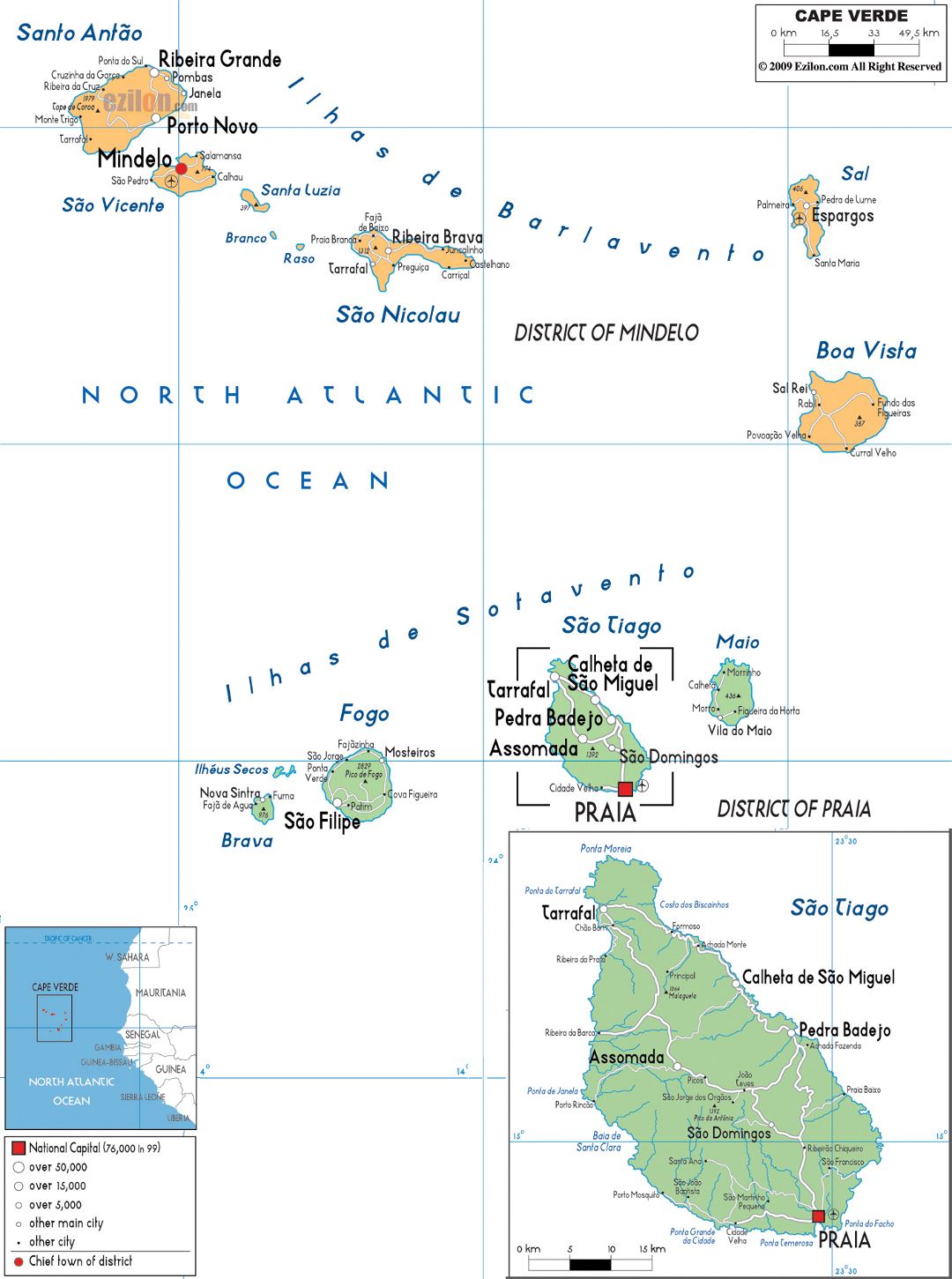 Large political and administrative map of Cape Verde with roads, cities and airports