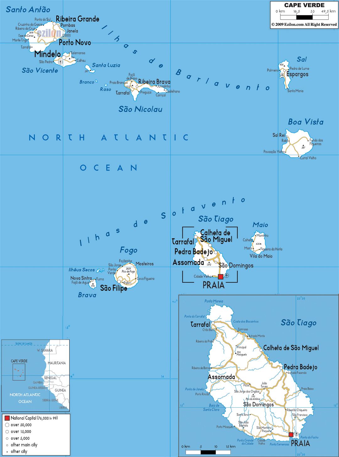 Large road map of Cape Verde with cities and airports
