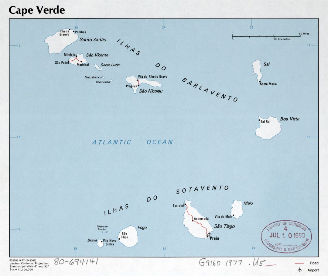 Large scale political map of Cape Verde with roads, major cities and airports - 1977