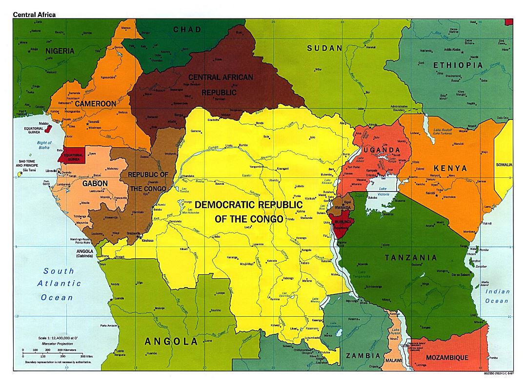 Large detailed political map of Central Africa with major cities - 1997