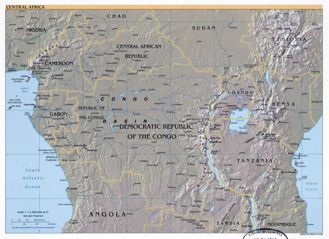 Large detailed political map of Central Africa with relief and major cities - 1999