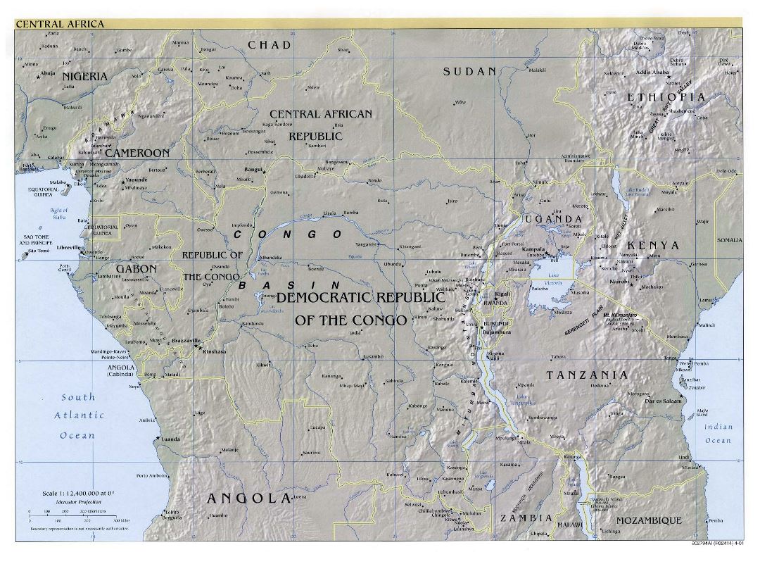 Large detailed political map of Central Africa with relief and major cities - 2001