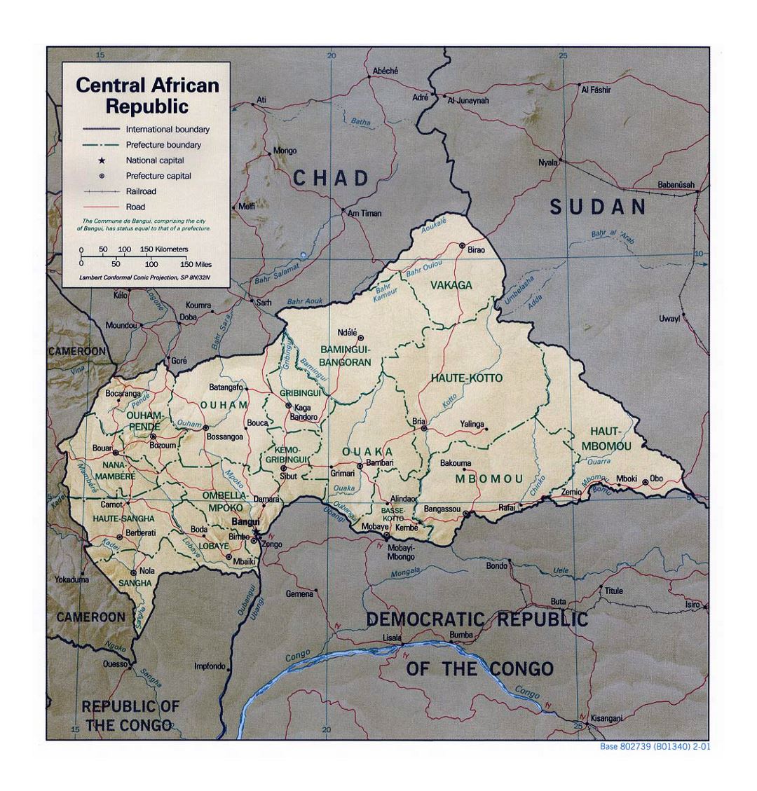Detailed political and administrative map of Central African Republic with relief, roads, railroads and major cities - 2001
