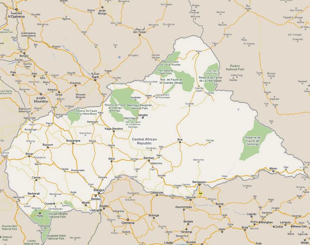 Detailed road map of Central African Republic with all cities