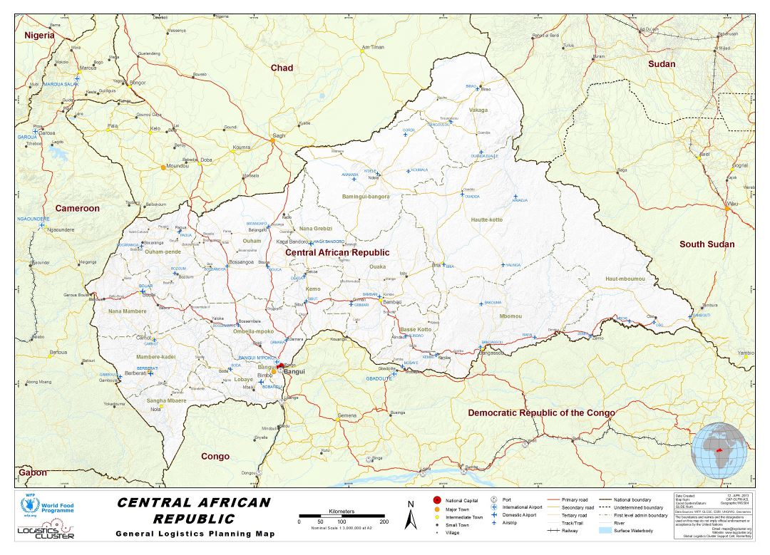 Large detailed map of Central African Republic with other marks