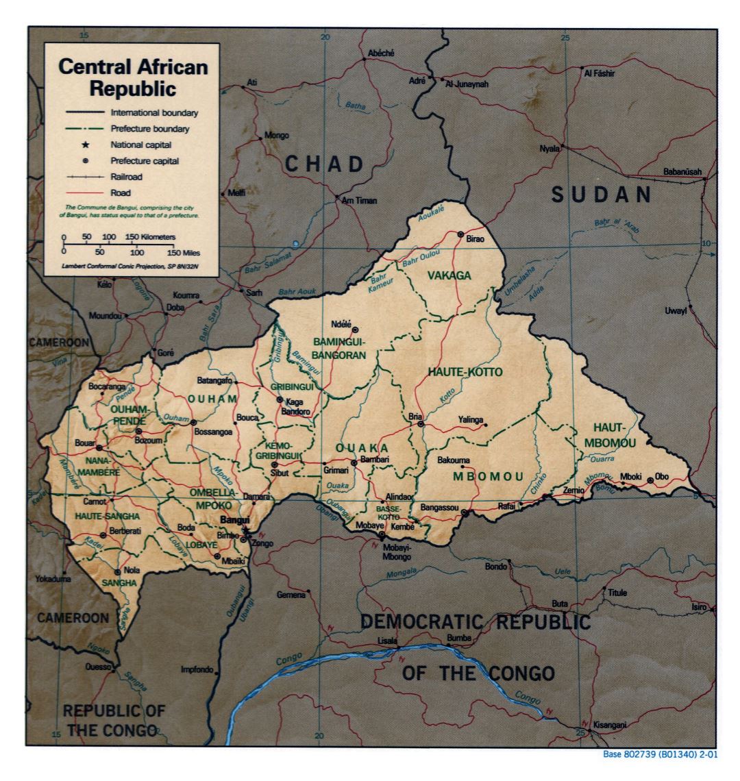 Large detailed political and administrative map of Central African Republic with relief, roads, railroads and major cities - 2001